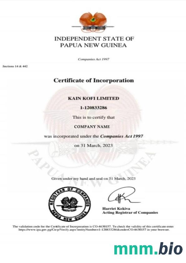Papua Nowa Gwinea certyfikat inkorporacji Word i PDF szablon